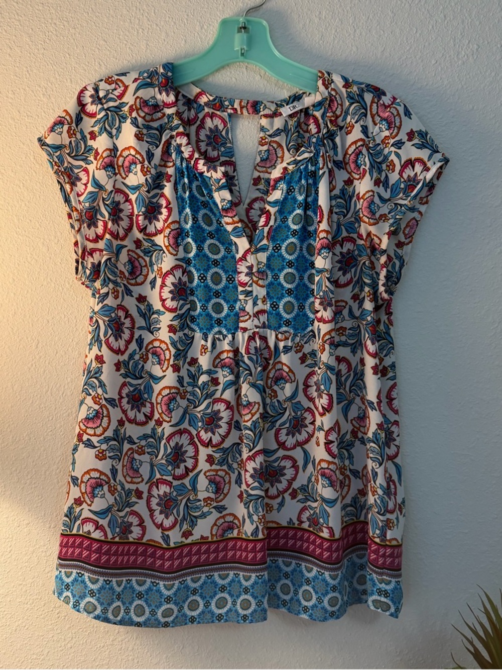 DR2 Floral Peasant Tunic in White, Blue & Pink